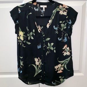 Joie Floral-Print Cap Sleeve Silk Blouse, Black